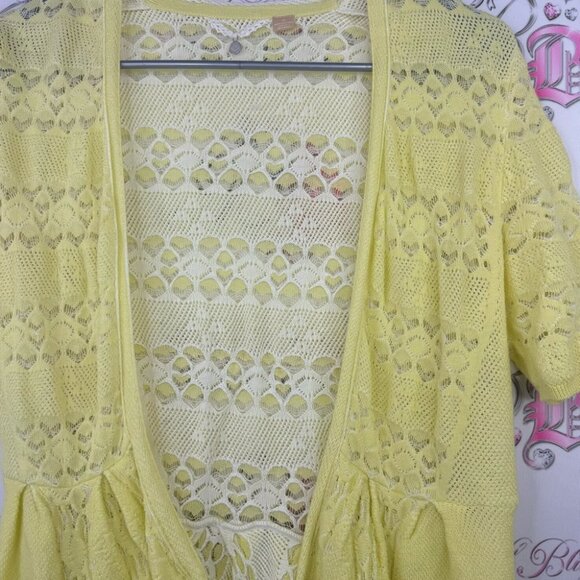 Knitted & knotted cardigan crochet knit yellow white hearts boho - Picture 2 of 8
